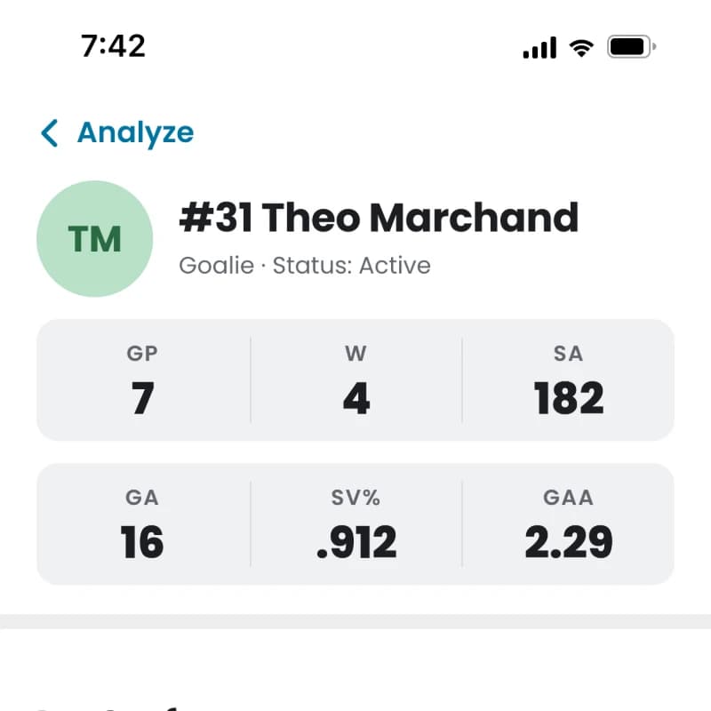 Goalie save percentage and GAA stats card