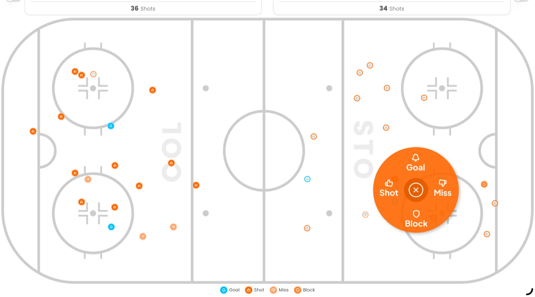 Full-rink landscape view of in-game shot tracking