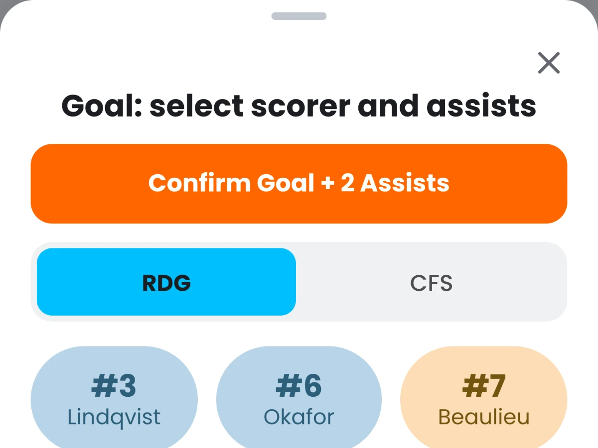 Goal entry sheet: pick the scorer and assists, colour-coded by position