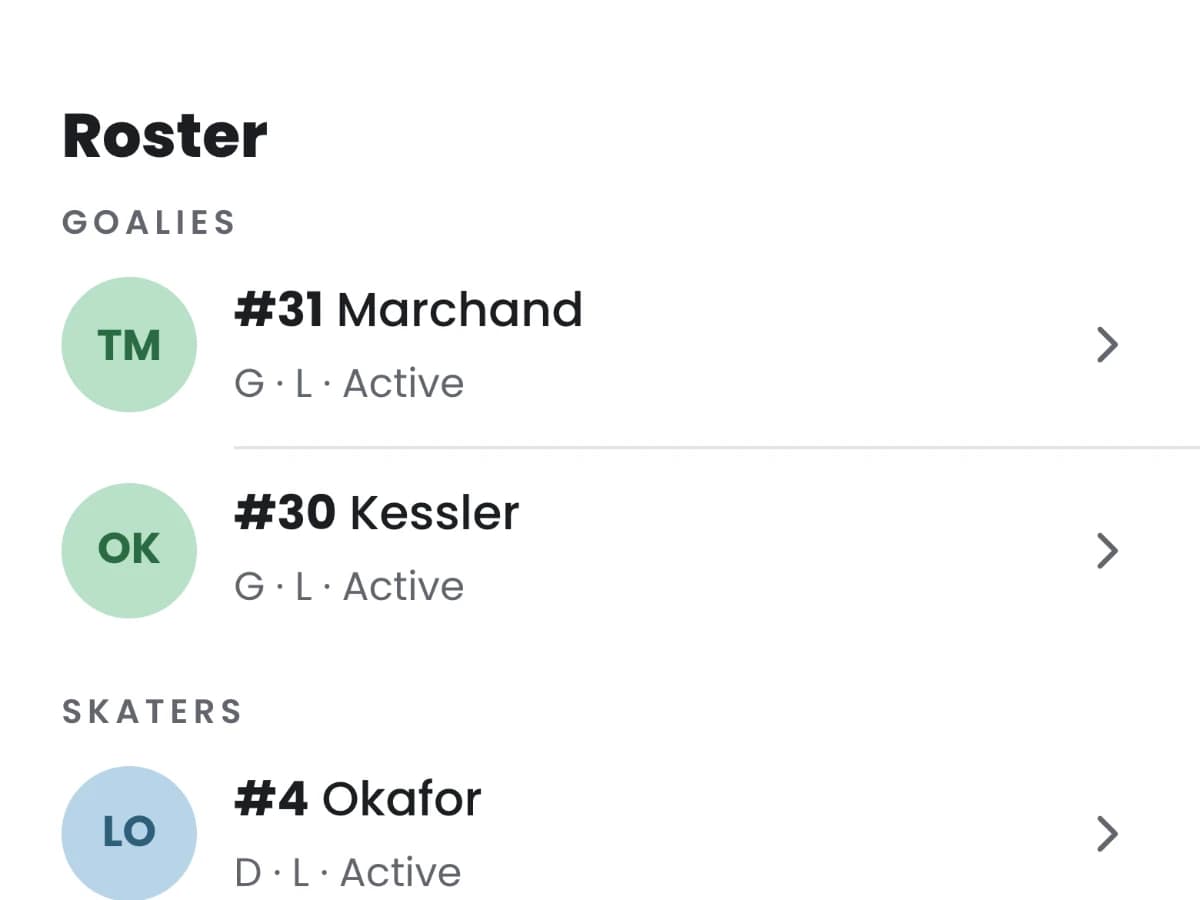 Team roster in Manage, with goalies and skaters