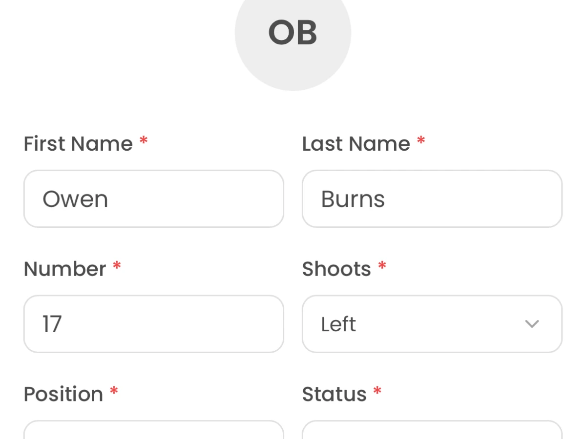 Team roster card with player names