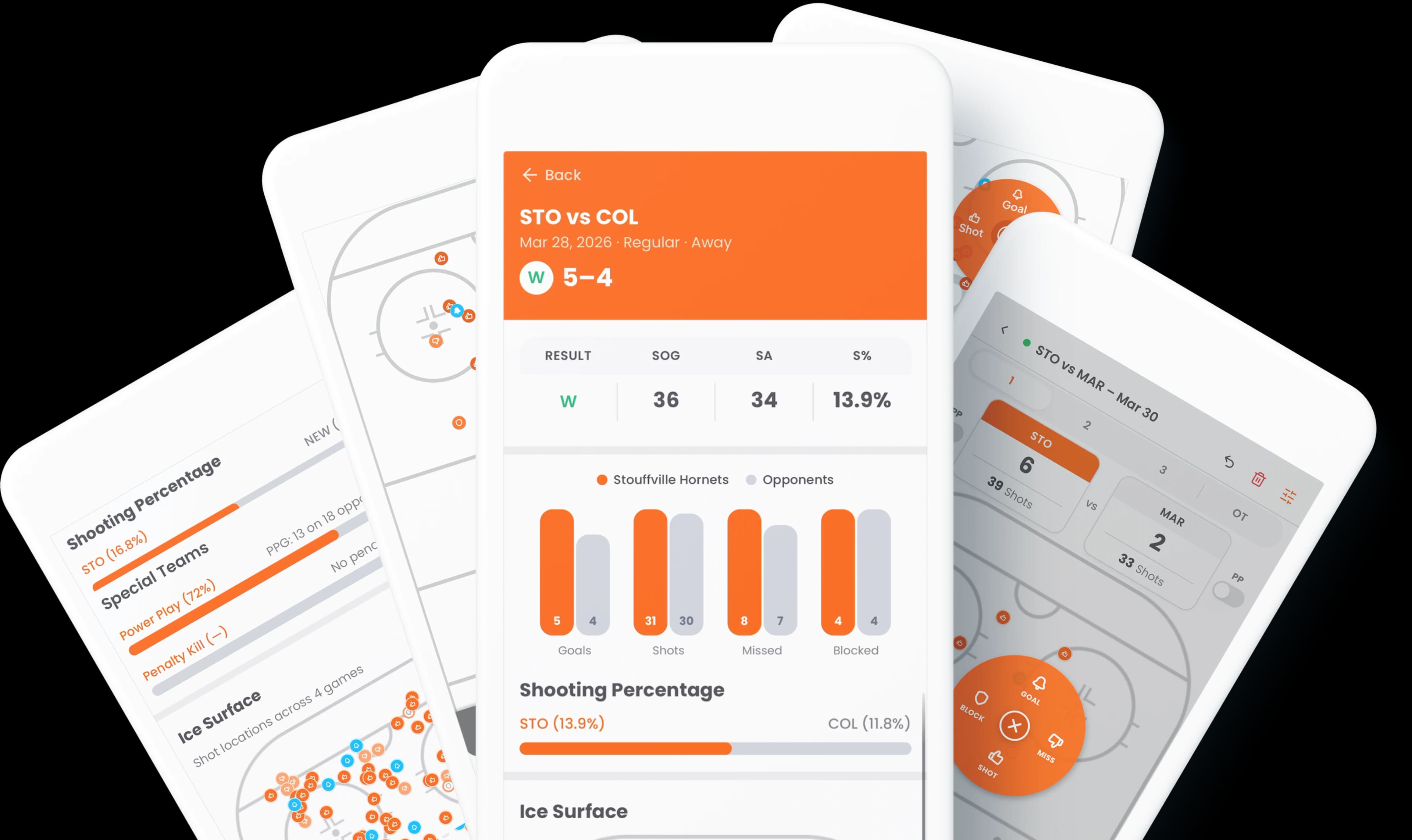Elevate Stats app screens showing the game summary, shot map, and live tracking views on phone mockups.